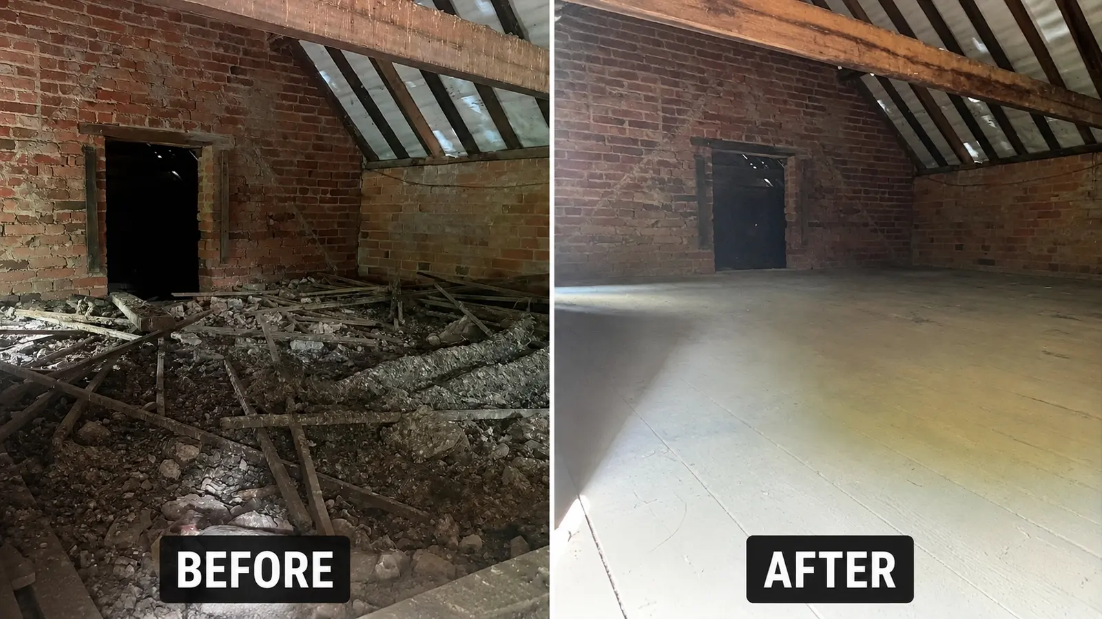 Loft clearance before and after — rubble removed and floor washed down