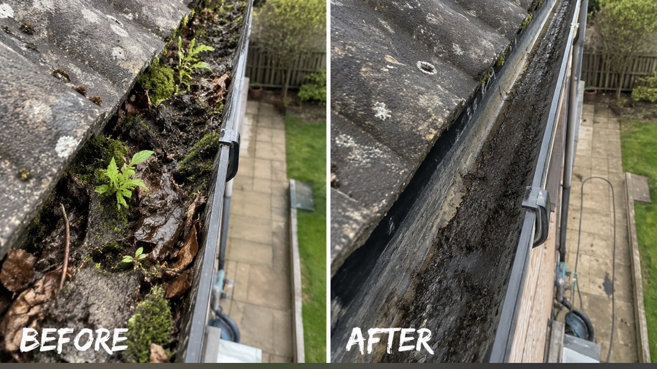 Gutter before and after a Site Clean clear-out