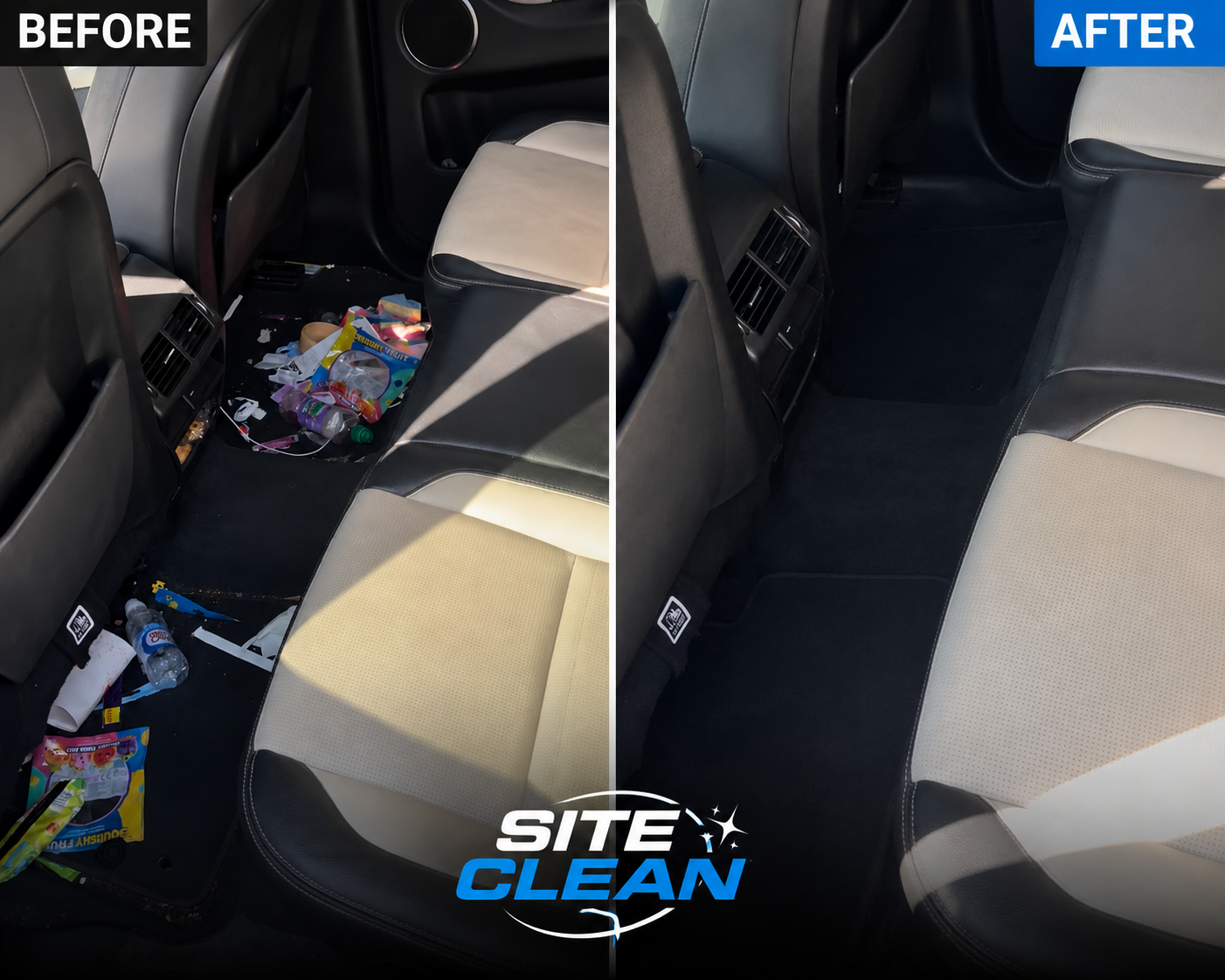 Car interior before and after stain removal