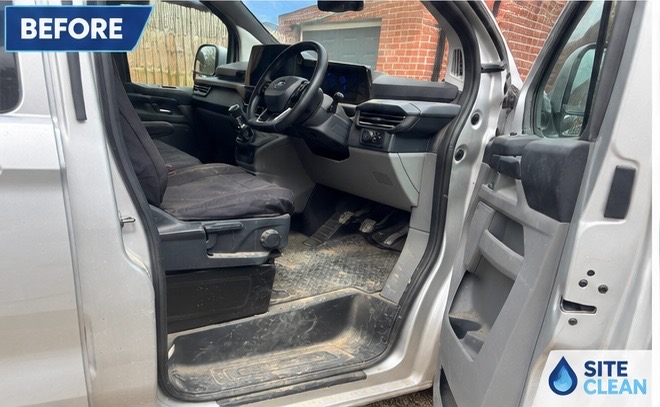 Van footwell before cleaning — ground-in dirt